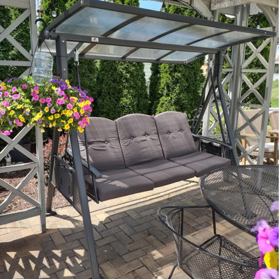 Balancelle 3 places avec support avec auvent réglable en PVC, coussins et oreiller inclus, gris