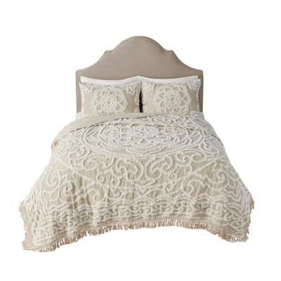 Tufted Cotton Chenille Medallion Fringe Coverlet Mini Set Taupe King/Cal King
