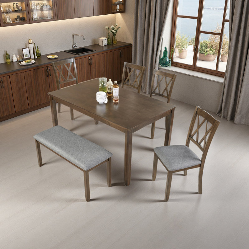 6-piece Wooden Dining Table Set With 4 Chairs And A Bench, Rectangular Kitchen Table Set For 6 People