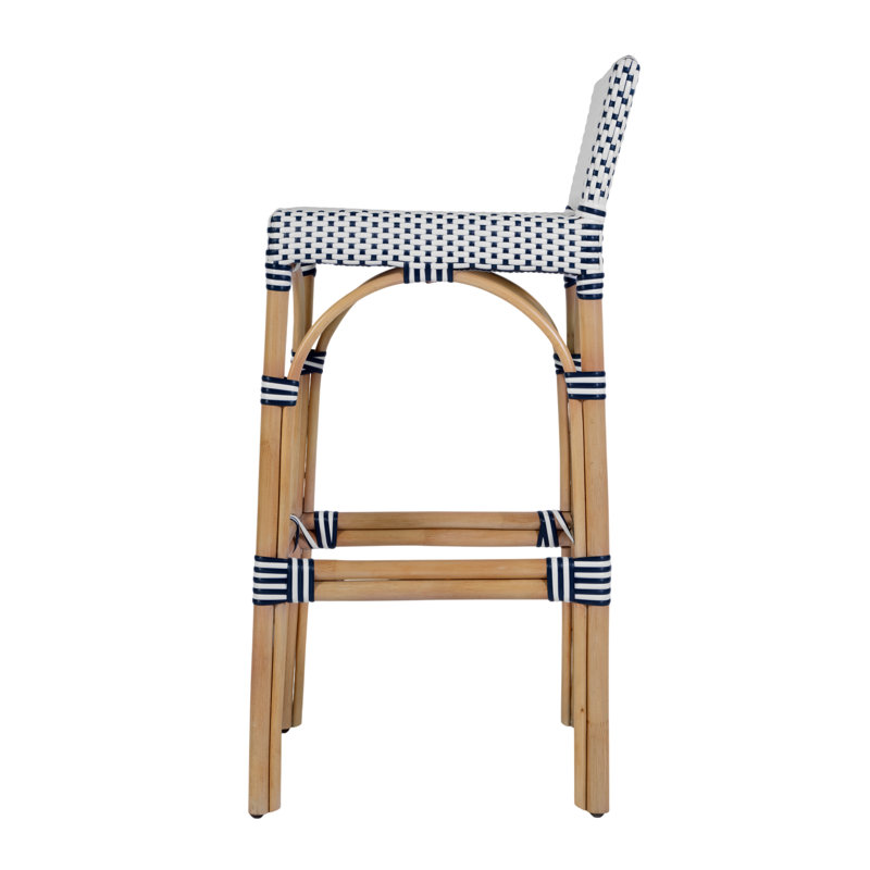 Serienna Blue & White Rattan Low Back Counter Stool, White/Blue Dot, Bar Stool (30" Seat Height)