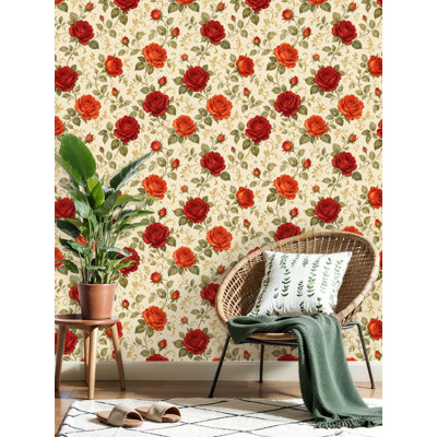 Papier peint auto-adhésif avec branches florales et roses rouges rétro-adhésives 23,6 "x H 118"