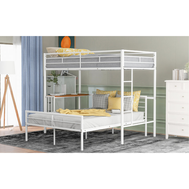 Lit simple superposé au dessus d'un lit double avec bureau, couleur blanc métallique, structure stable pour la chambre à coucher, s'adapte à plusieurs positions de chambre à coucher en métal et bureau en blanc, et répond à des exigences différentes