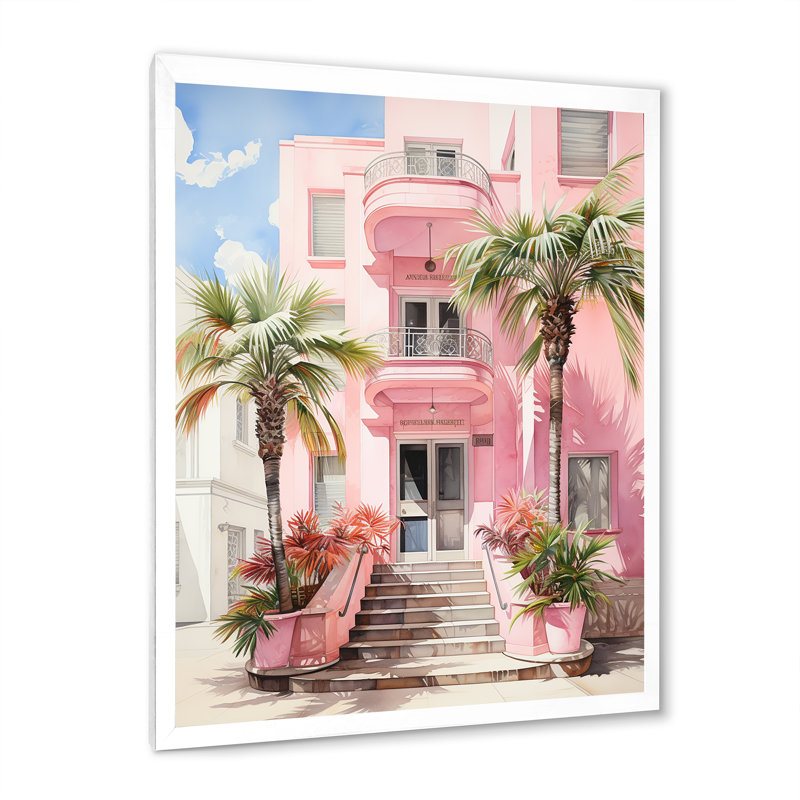 Zappha Pink Miami Artful Facades II - Miami, art mural, Cadre simple blanc, H 44 po x l 34 po x P 1,5 po