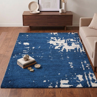Bleu abstrait | Tapis intérieur beige en soie noué à la main