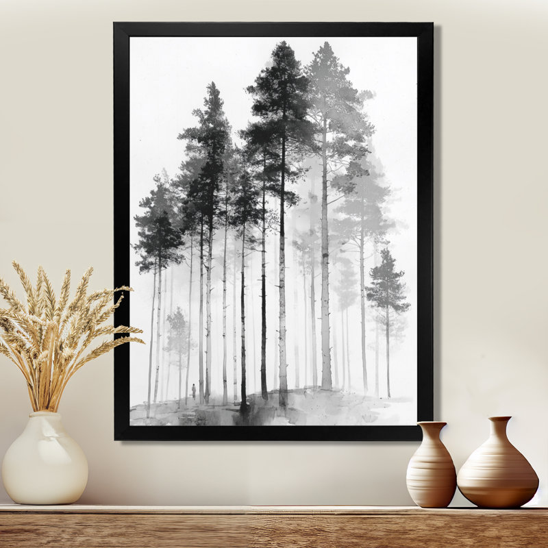 «Black and White Tall Pine Tree Forest», reproduction d'art sur toile Nature, H 40 po x l 30 po, Picture Framed, Noir