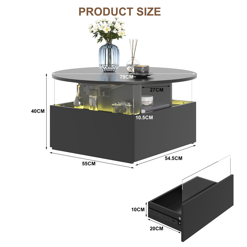 Alpena Round Lift Top Coffee Table with Square Base, Black