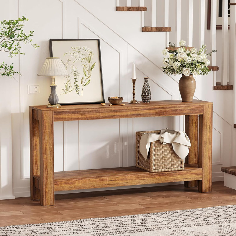 Rustic Narrow Farmhouse Console Table with 2 Tiers, 63 Inch Long Sofa Tables Behind Couch for Entryway, 31.9" Tall Slim Hallway Tables for Living Room, Farmhouse Wooden Entry Table