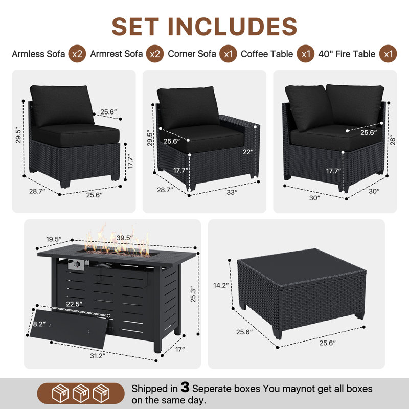 7-pieces Patio Conversation Set With Wide Armrests And Fire Pit Table,outdoor Rattan Seating Group, Black/Gray