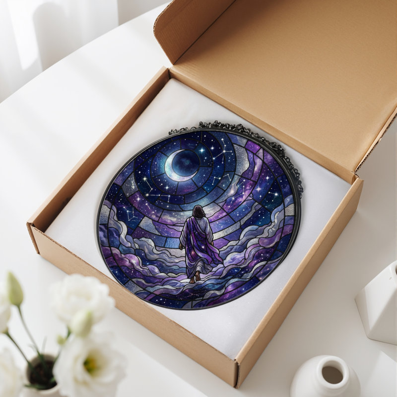 Starry Sky Stained Glass Window Panel，7.8H, 7.8"H