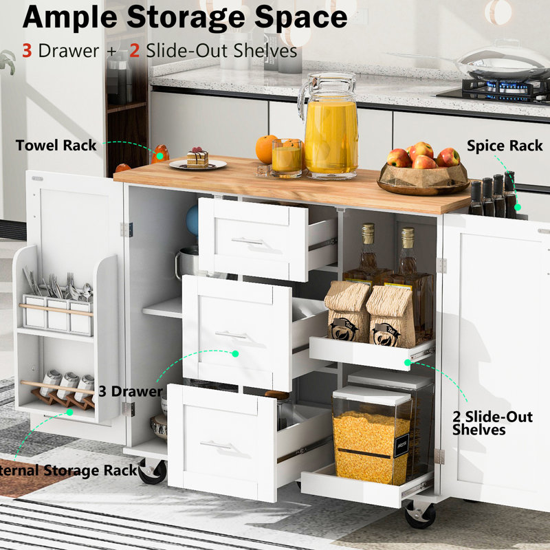 European Style Kitchen Cart With Internal Storage - 3 Drawers, 2 Slide-Out Shelves, White, Rubber Wood Top, , Classy Organization, 50"W X 36.46"H Carts Space Optimization, 17"D