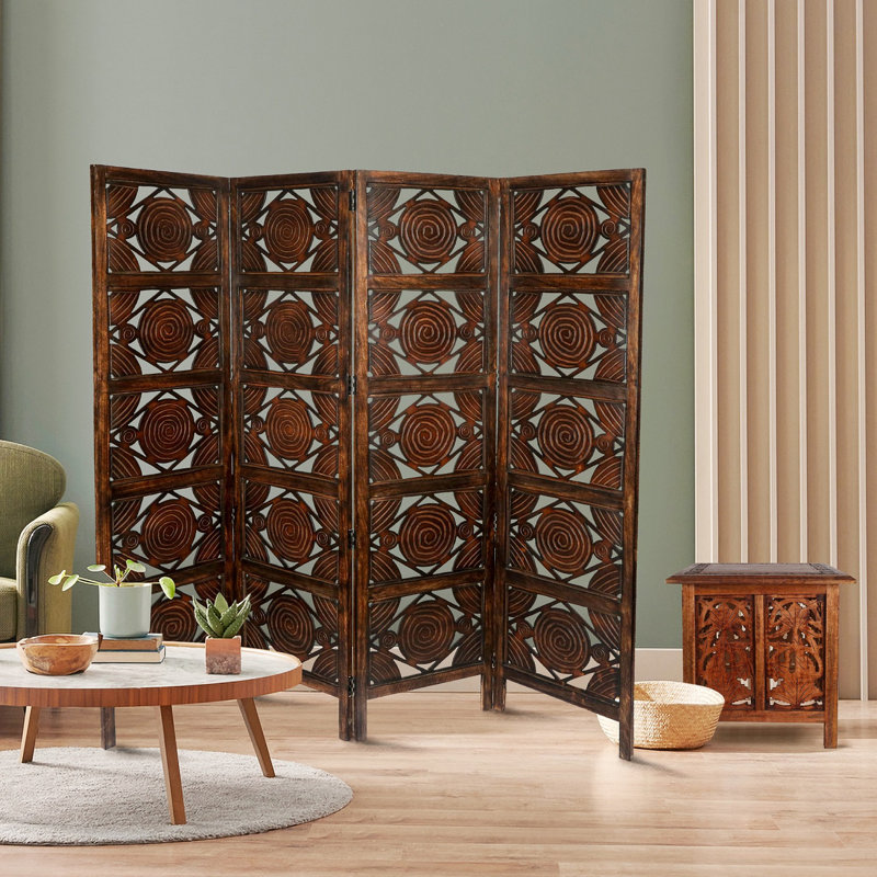 Bremmer 200cm W x 180cm H 4 - Panel Solid Wood Folding Room Divider, Dark Brown