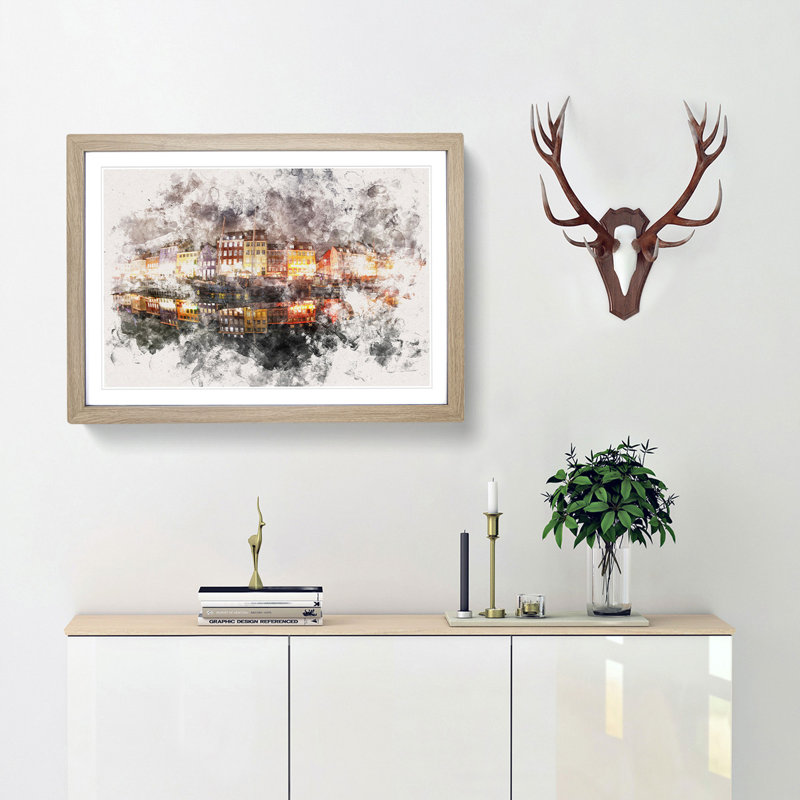 Nyhavn Canal in Denmark - Picture Frame Graphic Art Print, 62cm H x 87cm W x 2cm D, Oak Framed