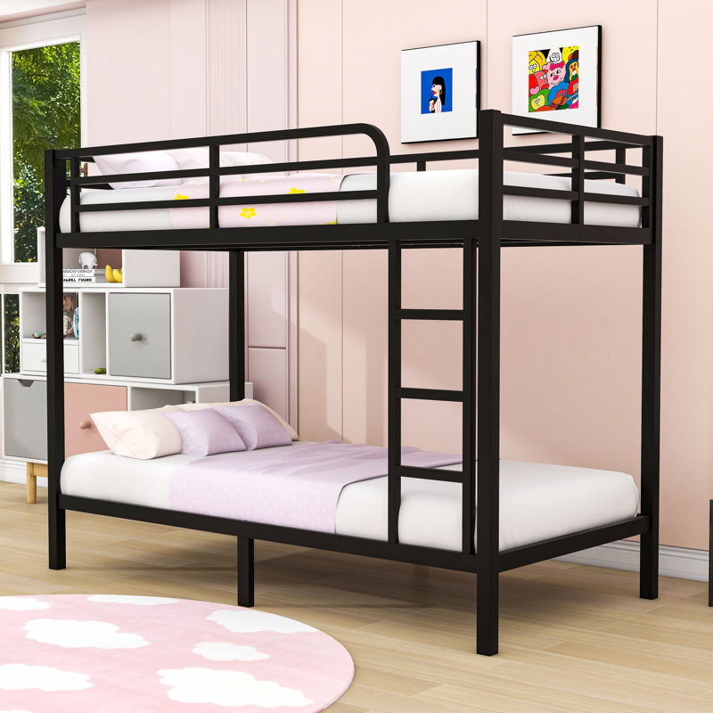 Metal Bunk Bed With Guardrails And Ladder, Black, Extra Long Twin