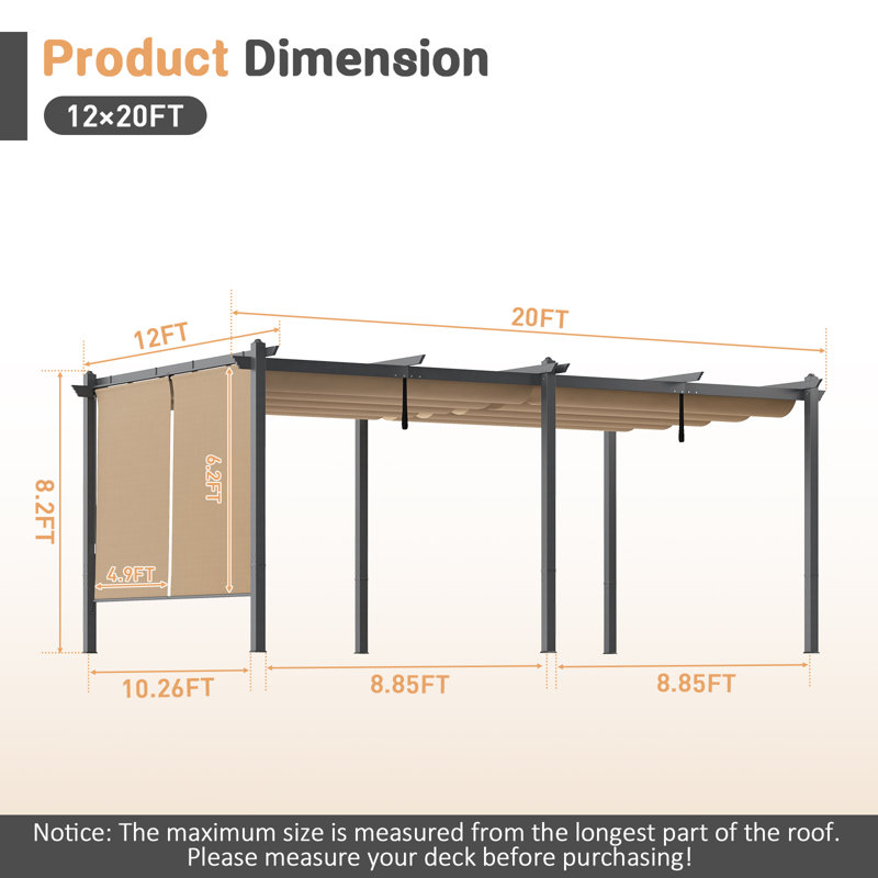 Pergola en aluminium avec auvent Aoodor, Kaki, H 8,2 pi x l 20 pi x P 12 pi