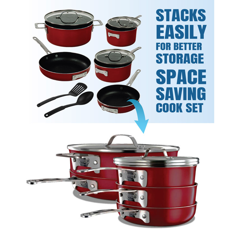 Gotham Steel Stackable Space Saving 10 Piece Aluminum Nonstick Cookware Set with Utensils, Red