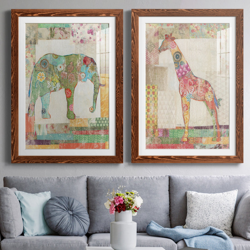 «Elephant Montage», ensemble de 2 impressions, Papier avec cadre érable, Blanc, H 31,5 po x l 47 po x P 1,5 po