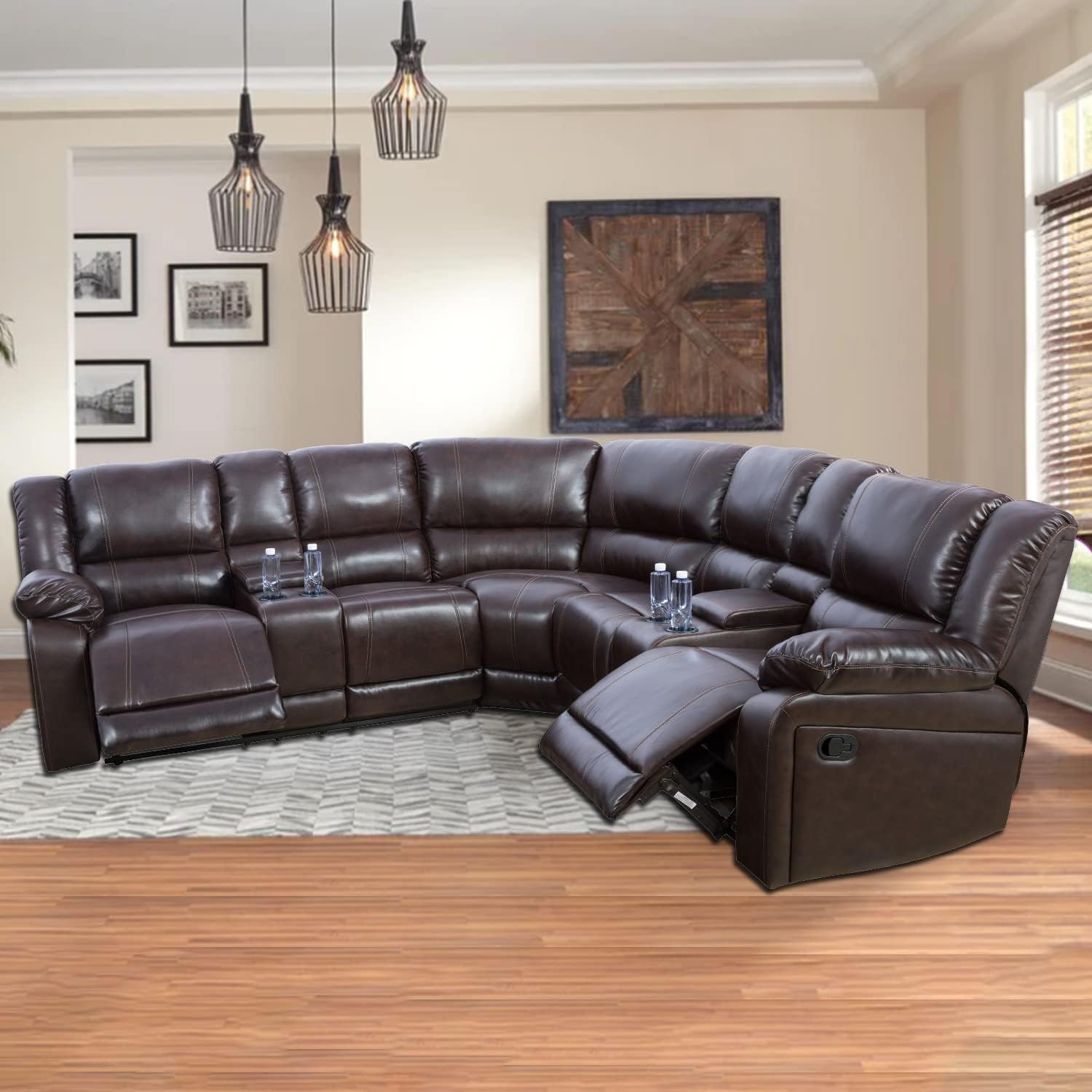 3 Pieces Sectional Sofa Set Manual Recliners with Cup Holders PU Leather Overstuffed Set Brown