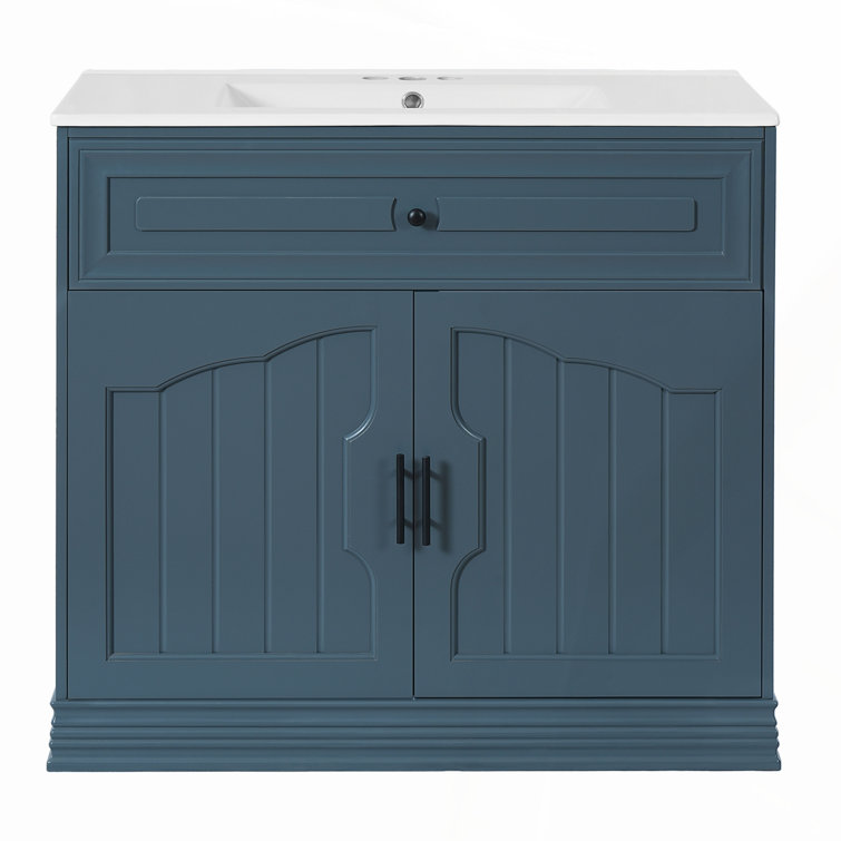 Meuble-lavabo de 36 pouces avec lavabo en céramique, portes à fermeture douce et cadre en bois massif pour un rangement élégant