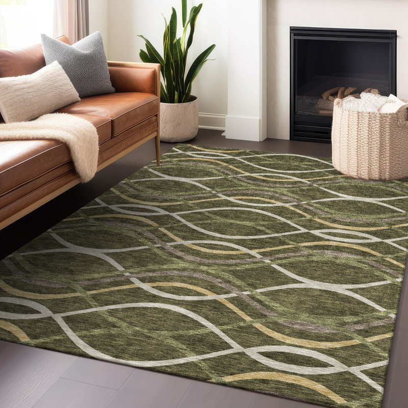 Tapis olive Prisco lavable à la machine de qualité supérieure, Rectangulaire 3 pi x 5 pi