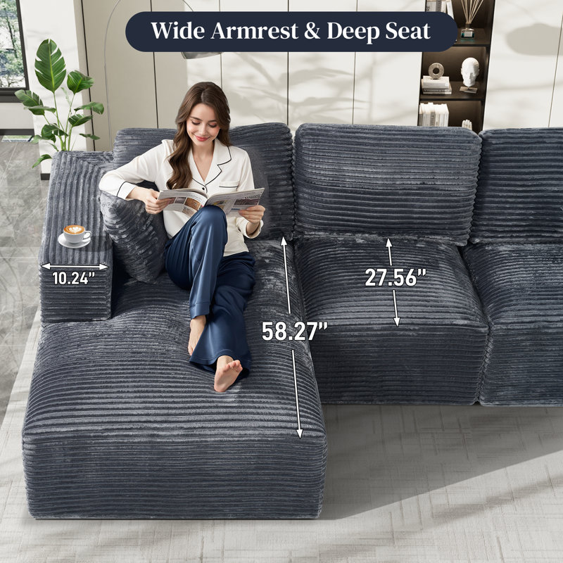 Canapé modulaire en velours côtelé avec méridienne Corduroy, Velours côtelé gris foncé, Face à la gauche