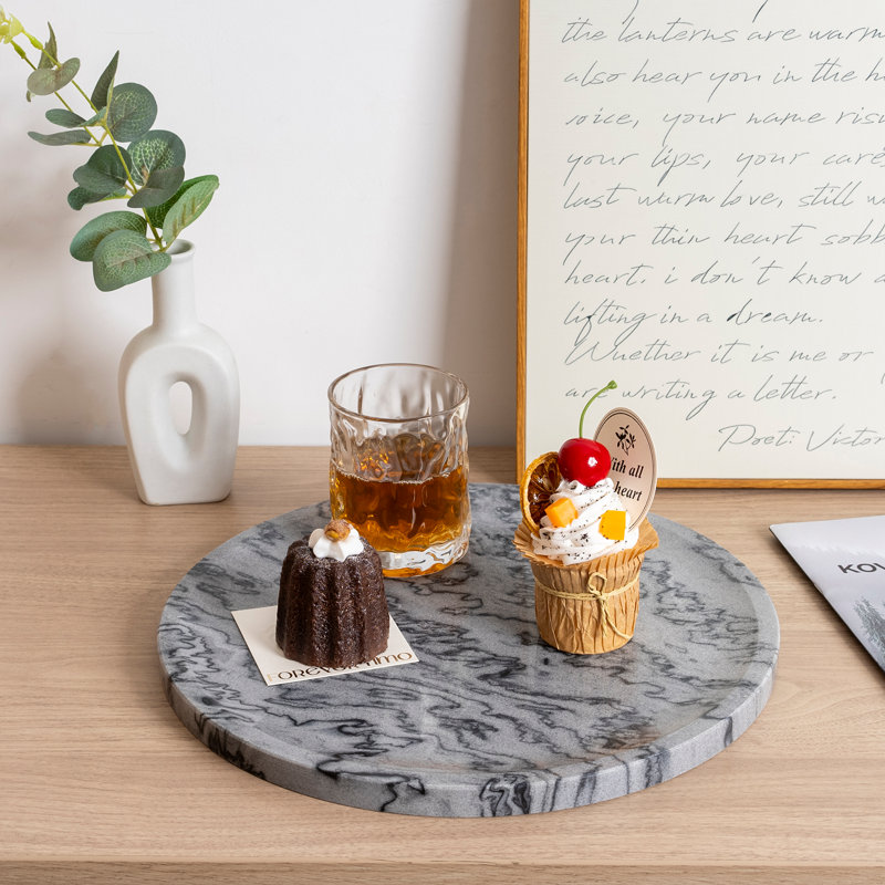 Guein 12” Round Natural Marble Tray, Monte Grigio