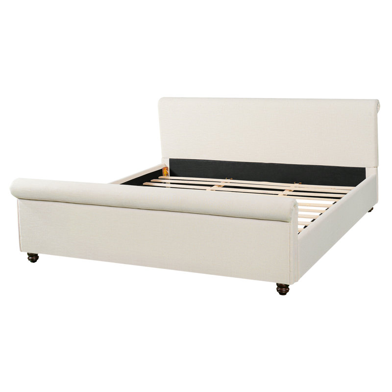 Guinel Modern Transitional Linen Blend Upholstered Platform Bed with Thick Headboard and Solid Wood Legs, Beige, King