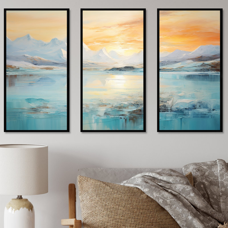 Glacier lever du soleil en Alaska - ensemble d'art mural glacier, Cadre flottant noir, H 40 po x l 60 po x P 1 po