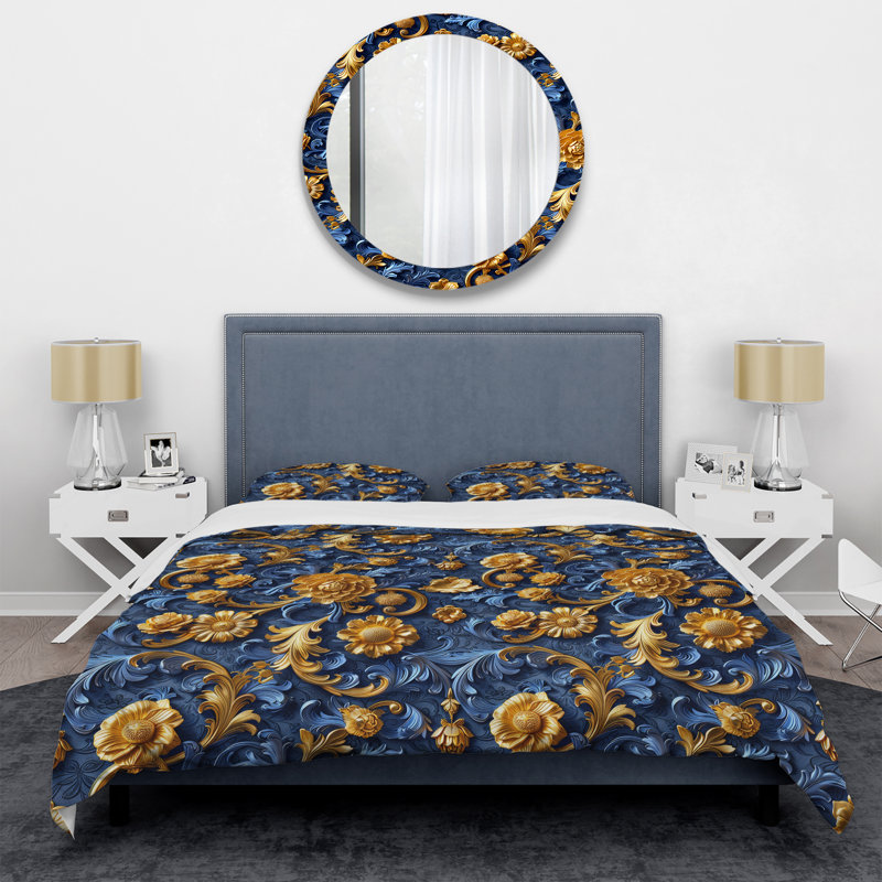 Ensemble de housse de couette doré et bleu damassé Glamour, Housse de couette très grand + 2 taies décorativ
