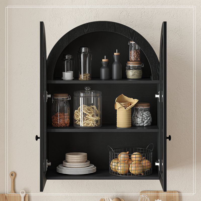 Châtelier mural arqué avec portes en verre trempé et étagère réglable, Black