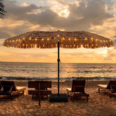 Parasol de patio à double face de 15 pi avec lumières DEL solaires, base robuste et sacs de sable inclus