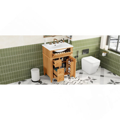 24" Bathroom Vanity with Sink, Wood Vanity Cabinet with Flip-Out Drawer, 2 Soft-Close Drawers 1 Soft-Close Door, Solid Wood & MDF, Elegant Wood Handles