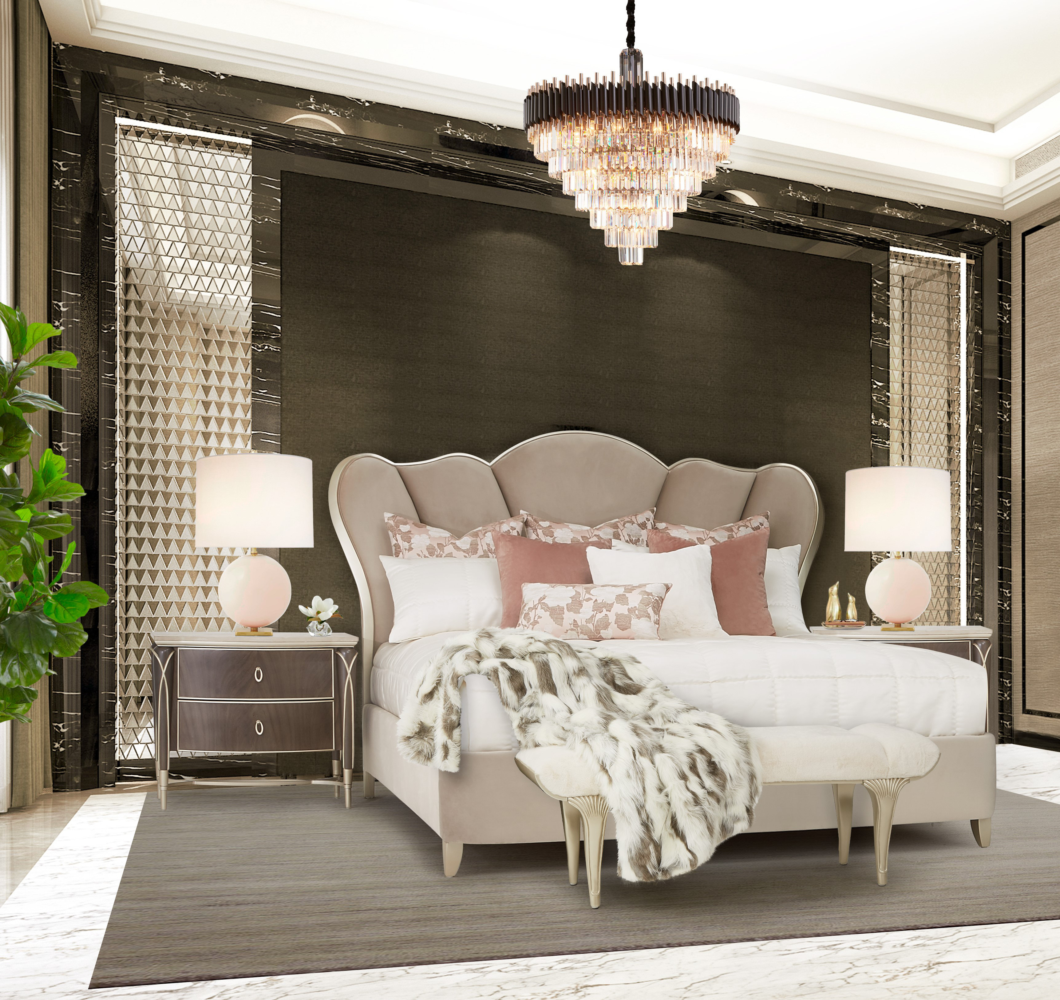 Michael Amini Villa Cherie Upholstered Platform 4 Piece Bedroom Set \u0026  Reviews | Wayfair, image size:3448x3253