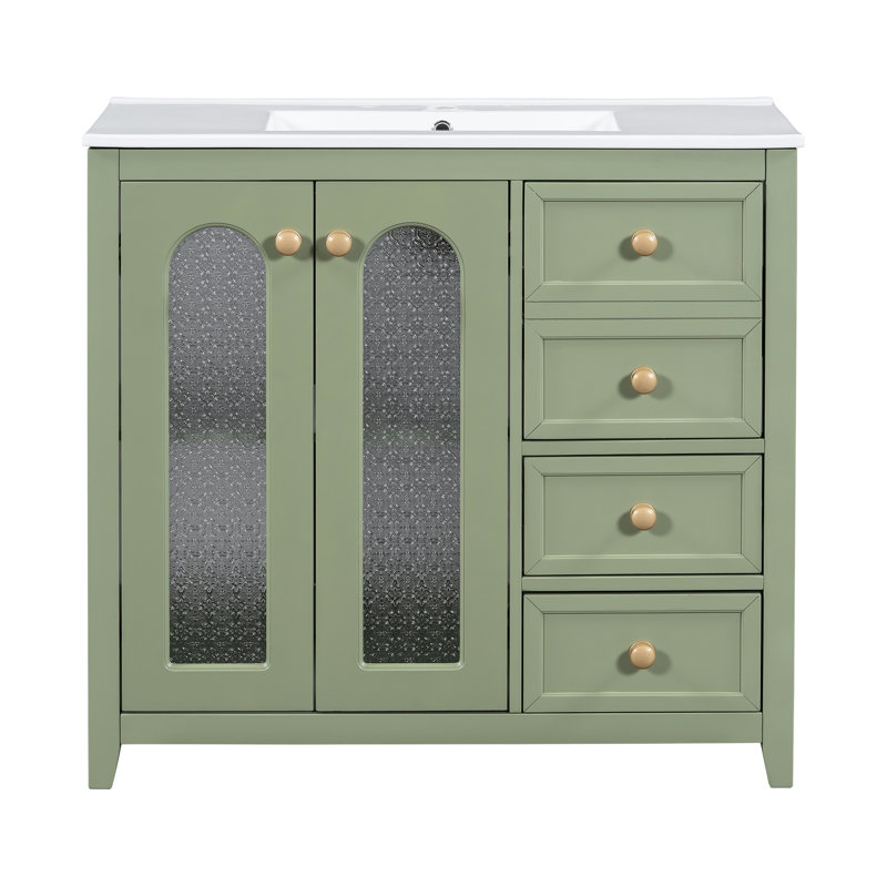 Armoire de salle de bain 36 po avec 2 portes à fermeture douce, 3 tiroirs, lavabo en céramique - tablettes élégantes pour meuble-lavabo, poignées luxueuses et design élégant