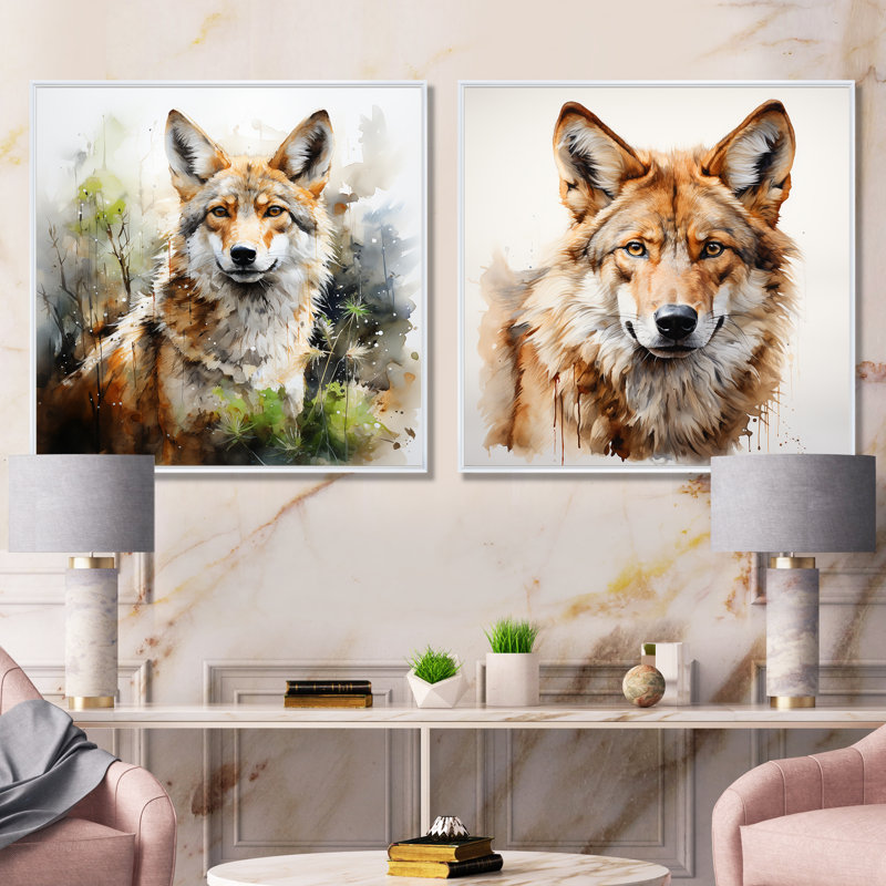 «Whimsical Wanderer Inspired Coyote I - Coyote Wall Art Living Room Ensemble de 2, Cadre blanc, H 16 po x l 33 po x P 1 po