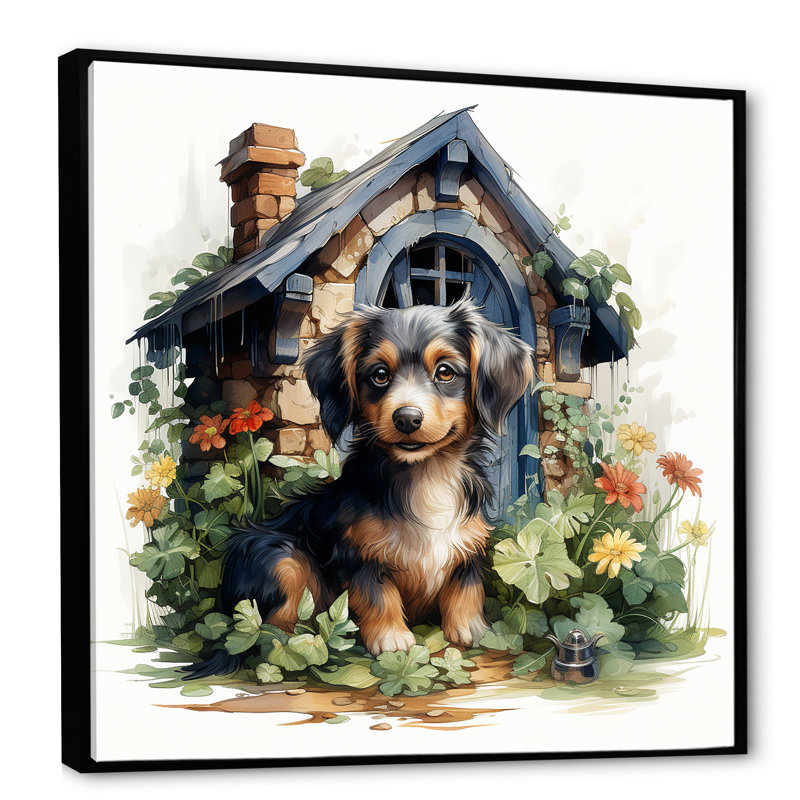 «Puppy Doghouse Blooms I», art mural chien, Cadre flottant noir, H 36 po x l 36 po x P 1,5 po
