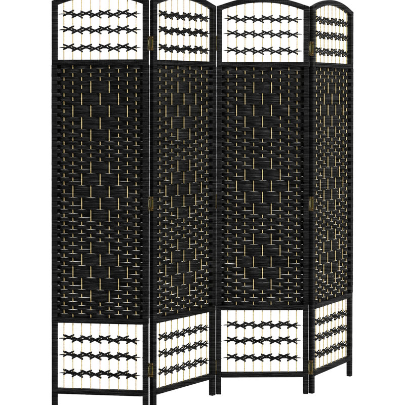 Paravent 4 panneaux, écran d'intimité pliable, 5,6 pi, cloison de séparation en fibre noire, tissé à la main pour le salon, la chambre à coucher, espace intelligent