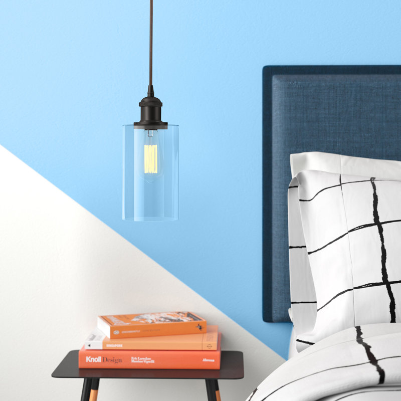 Luminaire suspendu cylindrique simple à 1 lumière Glessite, Transparent, DEL, Bronze huilé