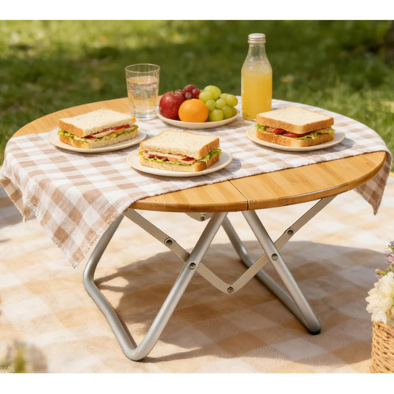 Table de camping ronde et pliante en bambou avec table basse pliable pour pique-nique intérieur et extérieur