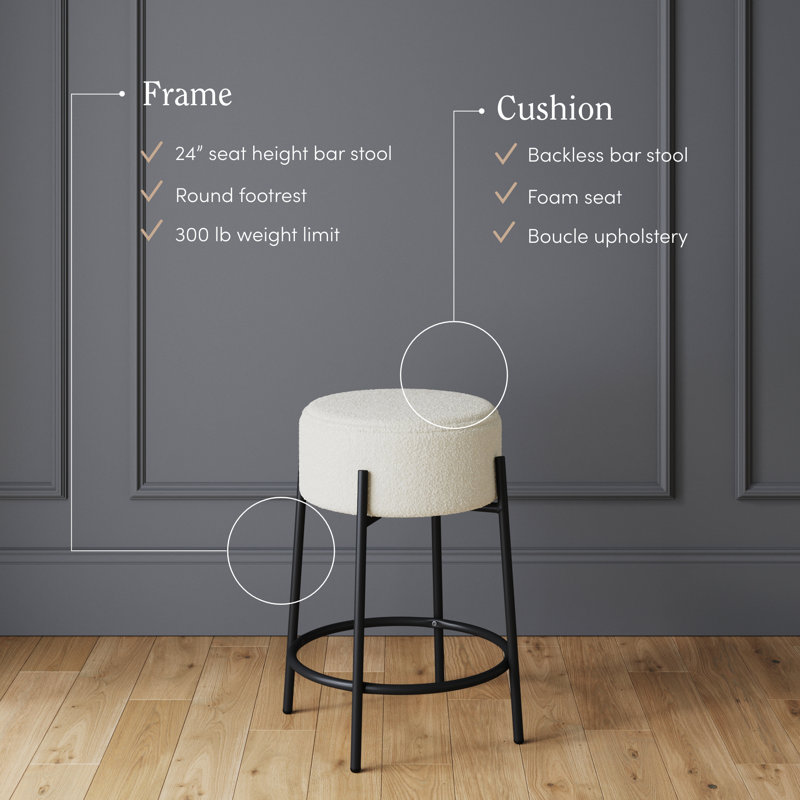 Upholstered Counter Stool with Iron Frame, 1, White Polyester/Matte Black Frame, Counter Stool (24" Seat Height)