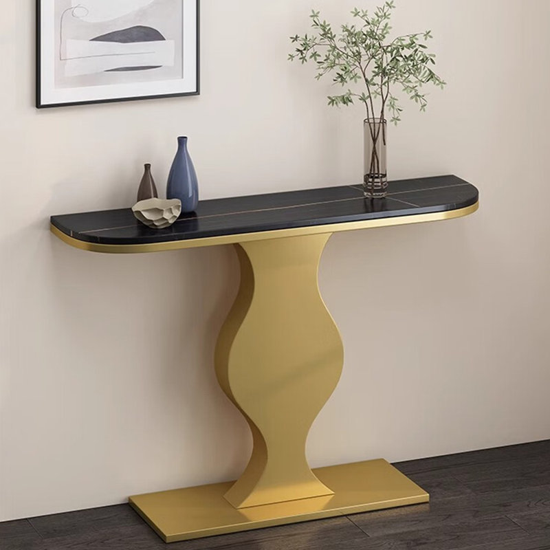 Table de porche en pierre frittée de style moderne, H 31,5 po x l 47,2 po x P 11,8 po, Noir, Doré