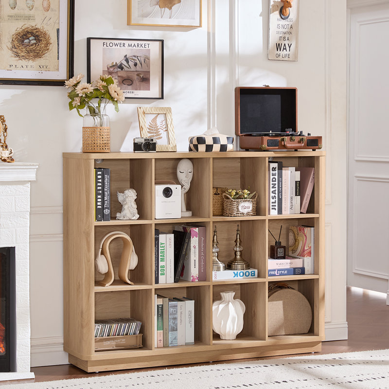 12 Cube Storage Organizer, 41" Large Bookshelf With Curved Edge, Wood Floor Standing 3-Tier Cubby Bookcase W/Base, Modern Display Storage Cabinet For Living Room, Office
