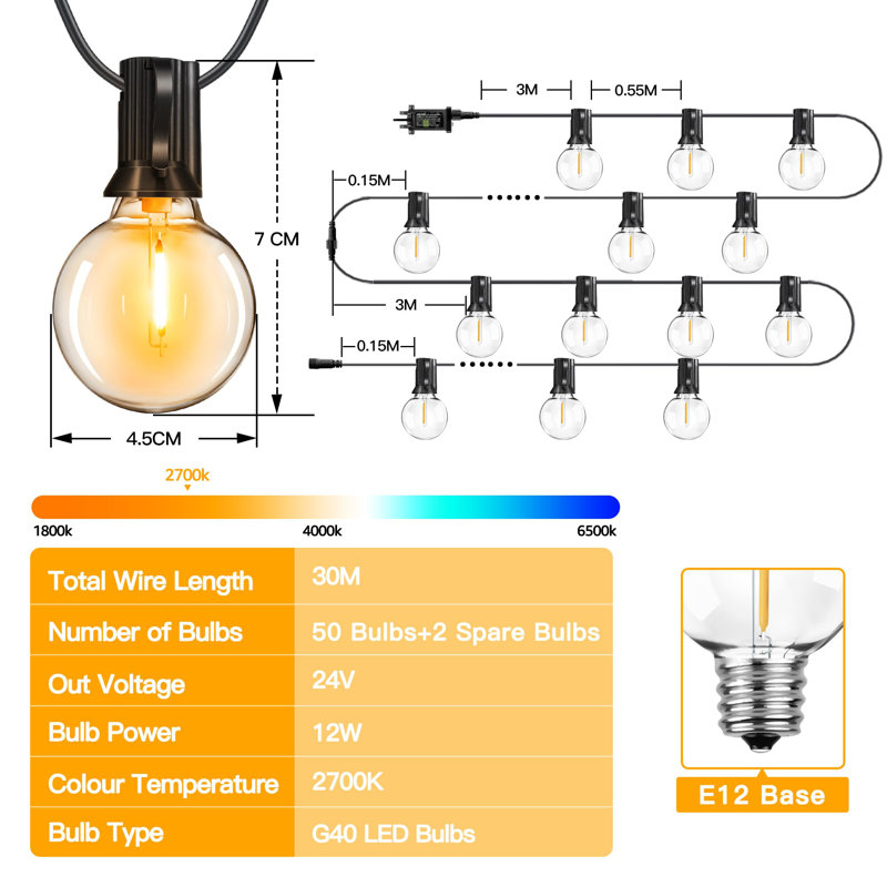 Almeer 3000cm 50 - Bulb Festoon Lights String Light (End to End Connectable)