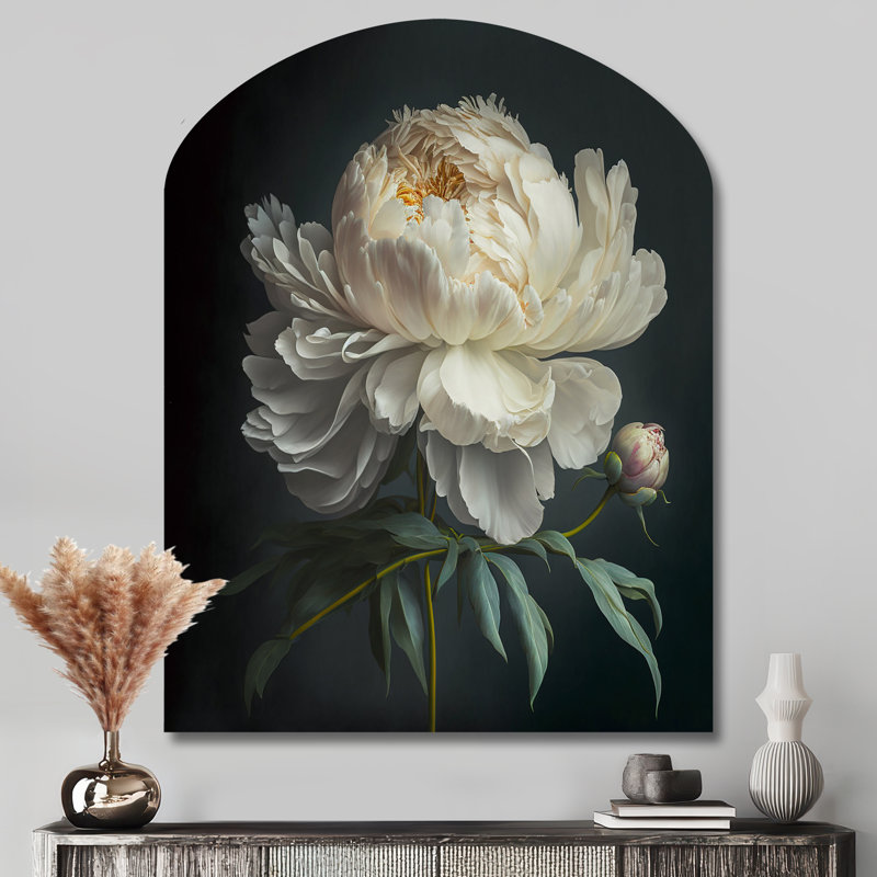 Blooming White Peony V - Art mural en forme d'arche de pivoine florale, H 43 po x l 33 po