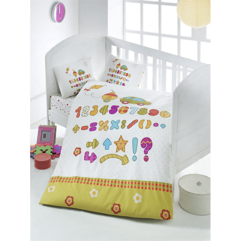 Ensemble de housse de couette pour bébé 100% coton, housse de couette et drap plat Premium Ranforce Baby 39,4 po x 59,1 po | 2 taies d'oreiller 13,8 po x 17,7 po | 145 fils, fermeture à boutons, lavable à la machine, blanc élégant, moutarde, mauve e