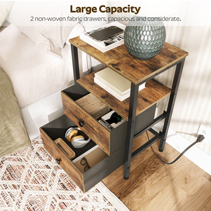 23.4"H End Table with Charging Station and 2 Non-woven Fabric Drawers, Brown