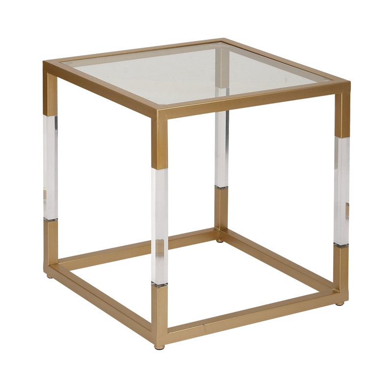 Gold Metal and Clear Glass Square End Table with Acrylic Legs