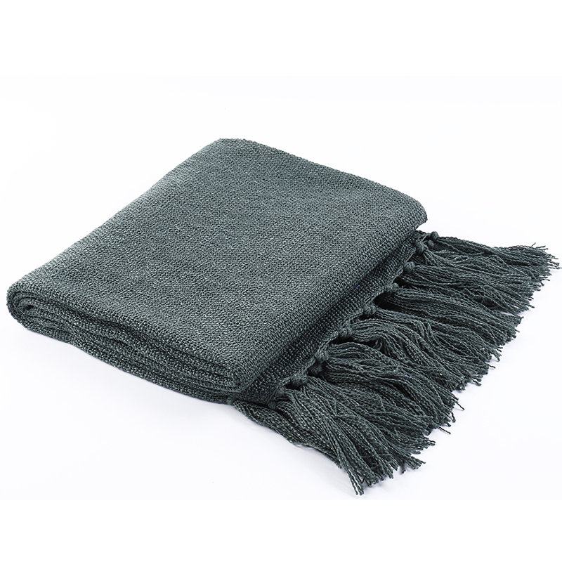 Dark Green Knitted Fringe Blanket, 50"x60"