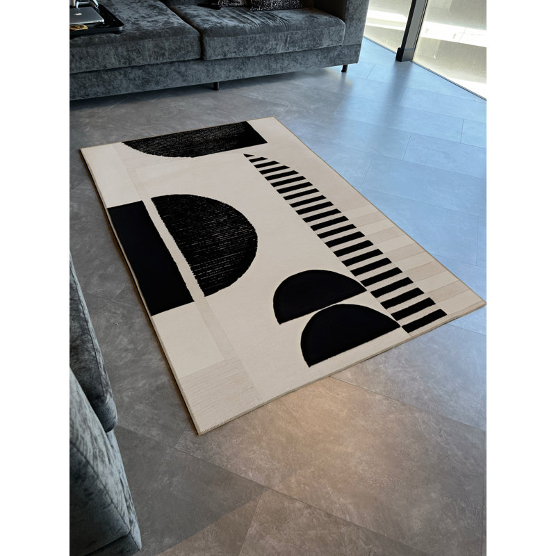 Tapis décoratif moderne à motif géométrique noir-beige, Rectangle 3 pi 9,81 po x 4 pi 11,06 po