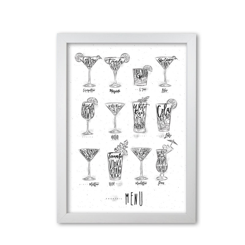 Cocktails Menu 1 Piece Wall Art, 42 cm H x 30 cm W x 5 cm D, White Grain Frame