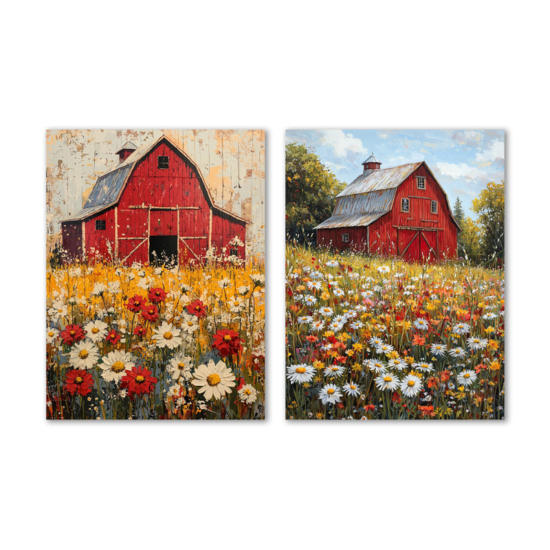 Barnyard en pleine floraison I - ensemble de 2 décorations murales en métal, H 32 po x l 48 po